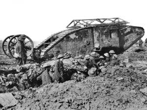 A British Mark I 'male' tank broken down near Thiepval, 25th September 1916. Part of the Imperial War Museum collection (Q2486)