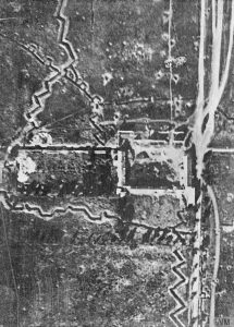 Aerial photograph of Mouquet Farm, a German strongpoint on the Somme near Thiepval, taken prior to 1 July 1916. IWM Q.27637