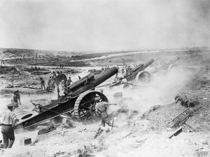 Howitzers used by the British army to bombard the German trenches during the Battle of the Somme. IWM Q.5817