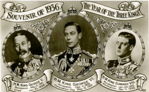 The Year of the Three Kings postcard, showing George V, George VI and Edward VIII